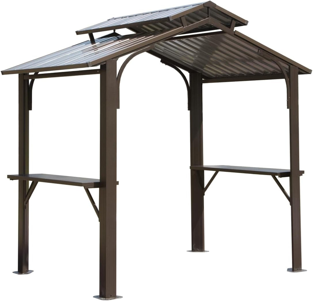 【LuckyNote】8×5FT Hardtop Grill Gazebo, Outdoor BBQ Gazebo w/Galvanized Steel Double Roof, Permanent Sun Shade Grill Canopy Shelter with 2 Side Shelves and Ceiling Hook for Patio Deck,2 parcels (Brown)