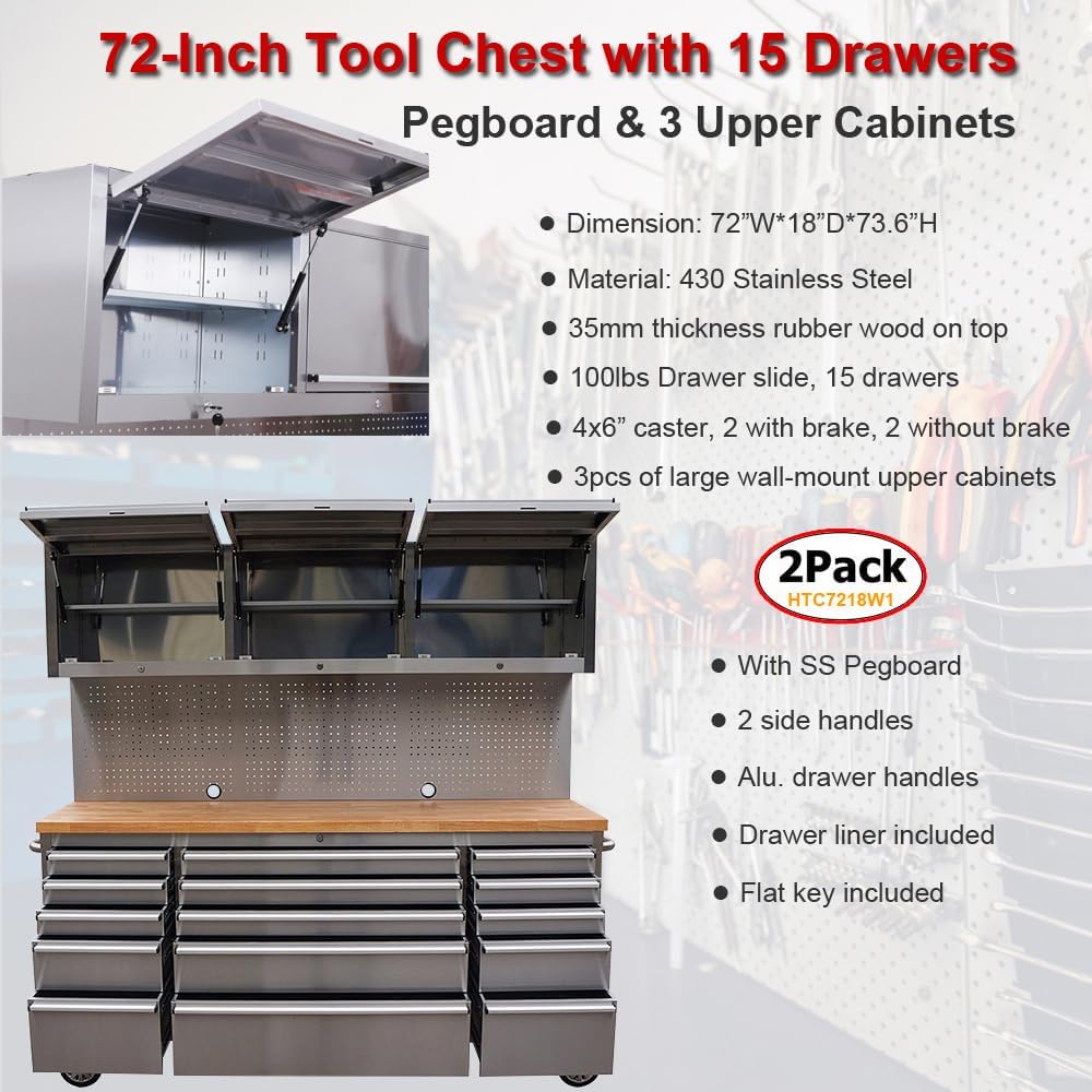 2 Pack - 72' Stainless Steel Rolling Tool Chest with 15 Drawers + 3 Upper Cabinets, Assembled Tool Box, Large Mobile Workbench, Lockable Storage Cabinet with Wheels for Garage Workshop (2 × HTC7218W1)