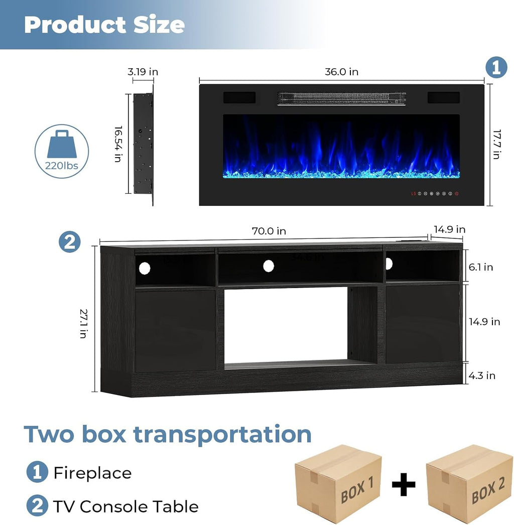 70' Fireplace TV Stand for TVs Up to 80', LED Light Media Console with 36' Electric Heater, Storage Cabinet, Black Entertainment Center for Living Room