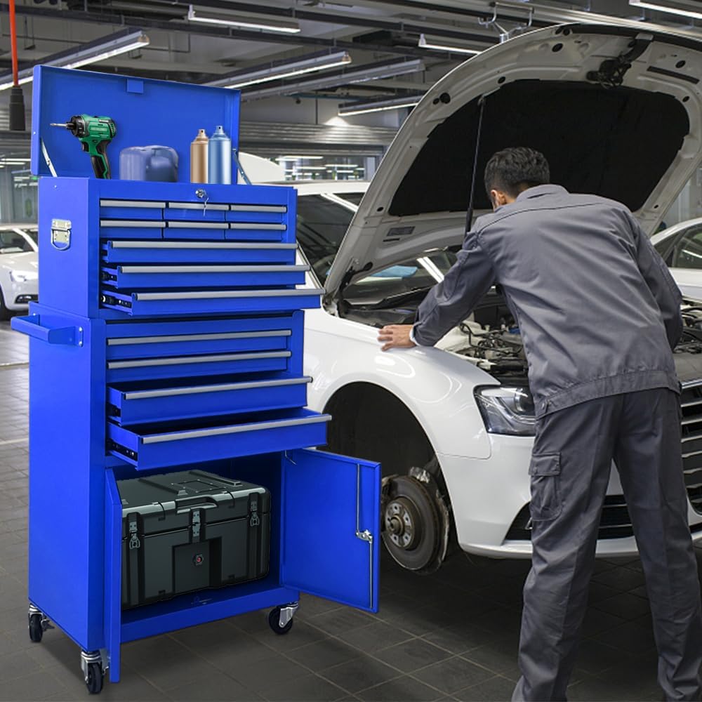13-Drawer Tool Chest with Double Door Handle,2 in 1 Detachable Rolling Tool Chests with Wheels and Drawers,Large Tool Box with Lock,Mobile Steel Tool Cabinet Storage (Blue)
