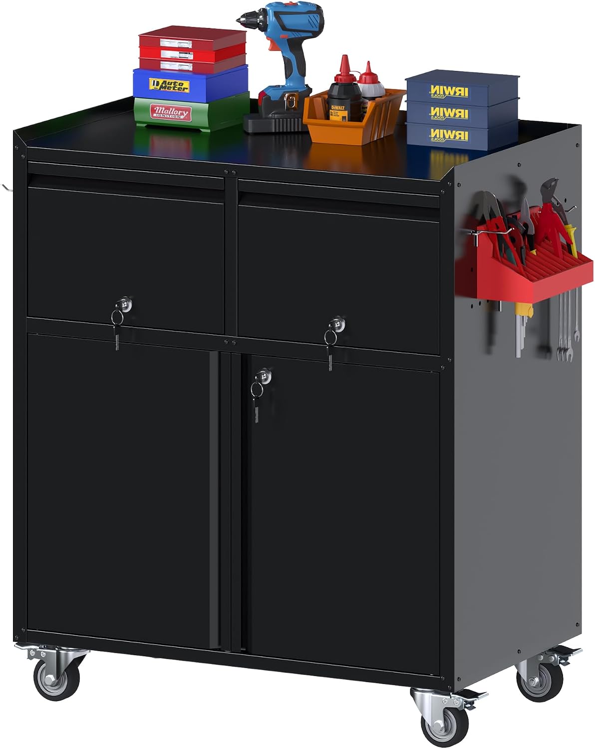 Metal Garage Storage Cabinet with Wheels, Rolling Tool Cabinet with Adjustable Shelf, 2 Drawers and 2 Doors for Tools, Garage,Workshop, Black, Assembly Required
