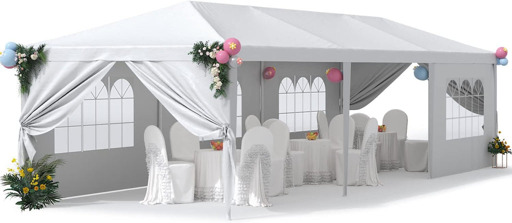 Greesum 10x30 Outdoor Canopy Tent Patio Camping Heavy Duty Gazebo Shelter Party Wedding BBQ Events with Side Removable Walls, Waterproof Shelter, White