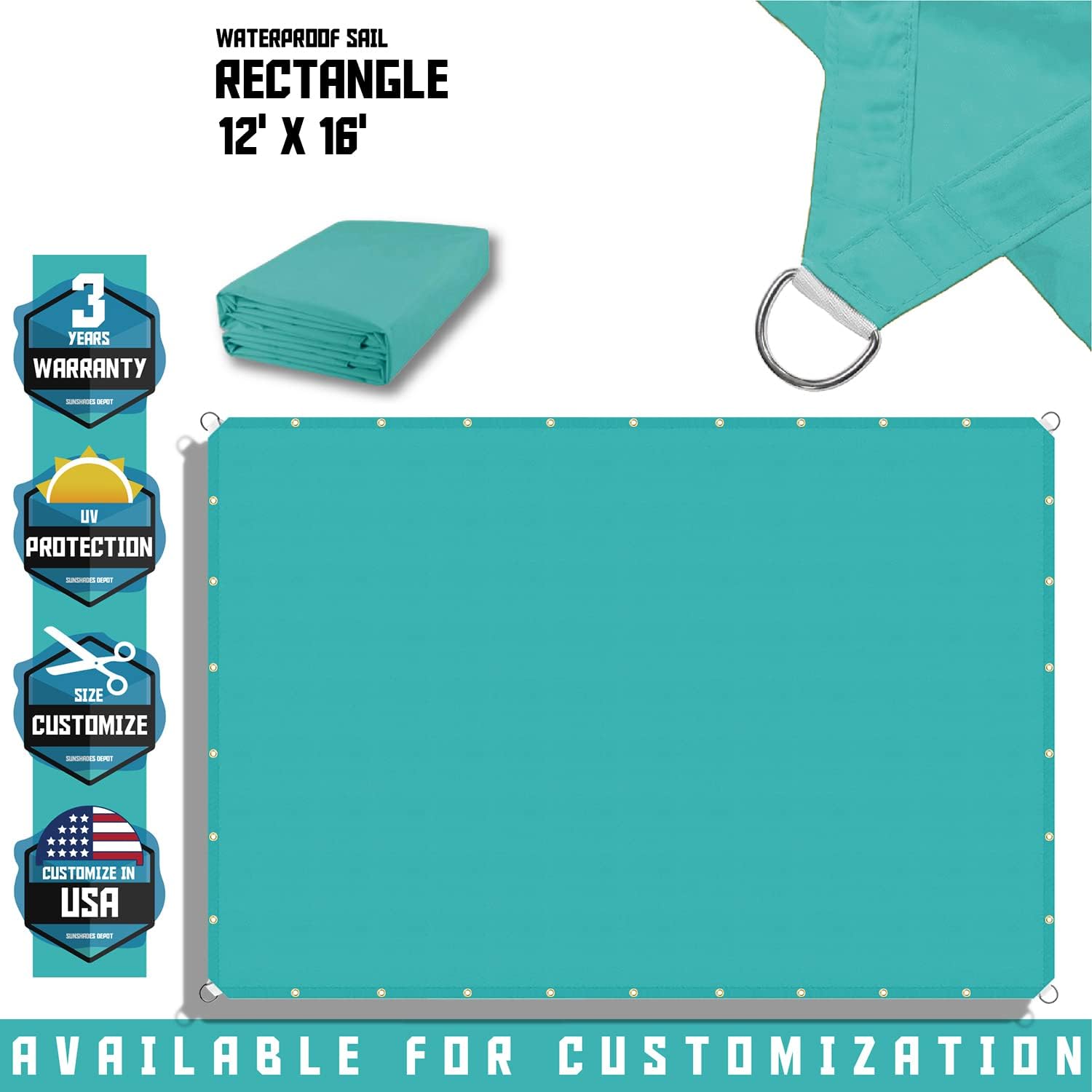 TANG 12' x 16' Waterproof Shade Cloth with Grommets, Sun Shade Sail Rectangle Straight Side, 260 GSM UV Block Fabric Patio Canopy for Deck Carport Backyard Pergola Cover, Turquoise