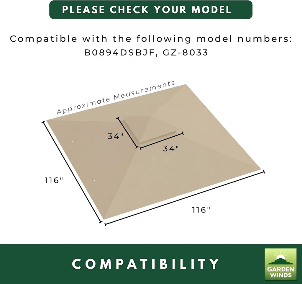 Garden Winds Reinforced RipLock 350 Replacement Canopy Top Cover Compatible with FDW 10' x 10' Square Gazebo Models B0894DSBJF, GZ-8033 - Beige