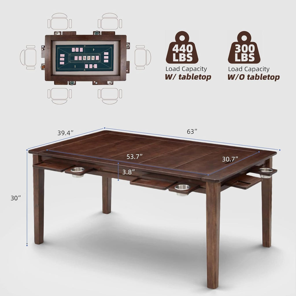 Coperat Solid Wood Board Game Table for 4-6 Players,Dining/Gaming Table w/ 54'x31' Big Gaming Space and Removable Top,Includes Game Mat, 6 Cup Holders & Hobby Tray, Warm Walnut