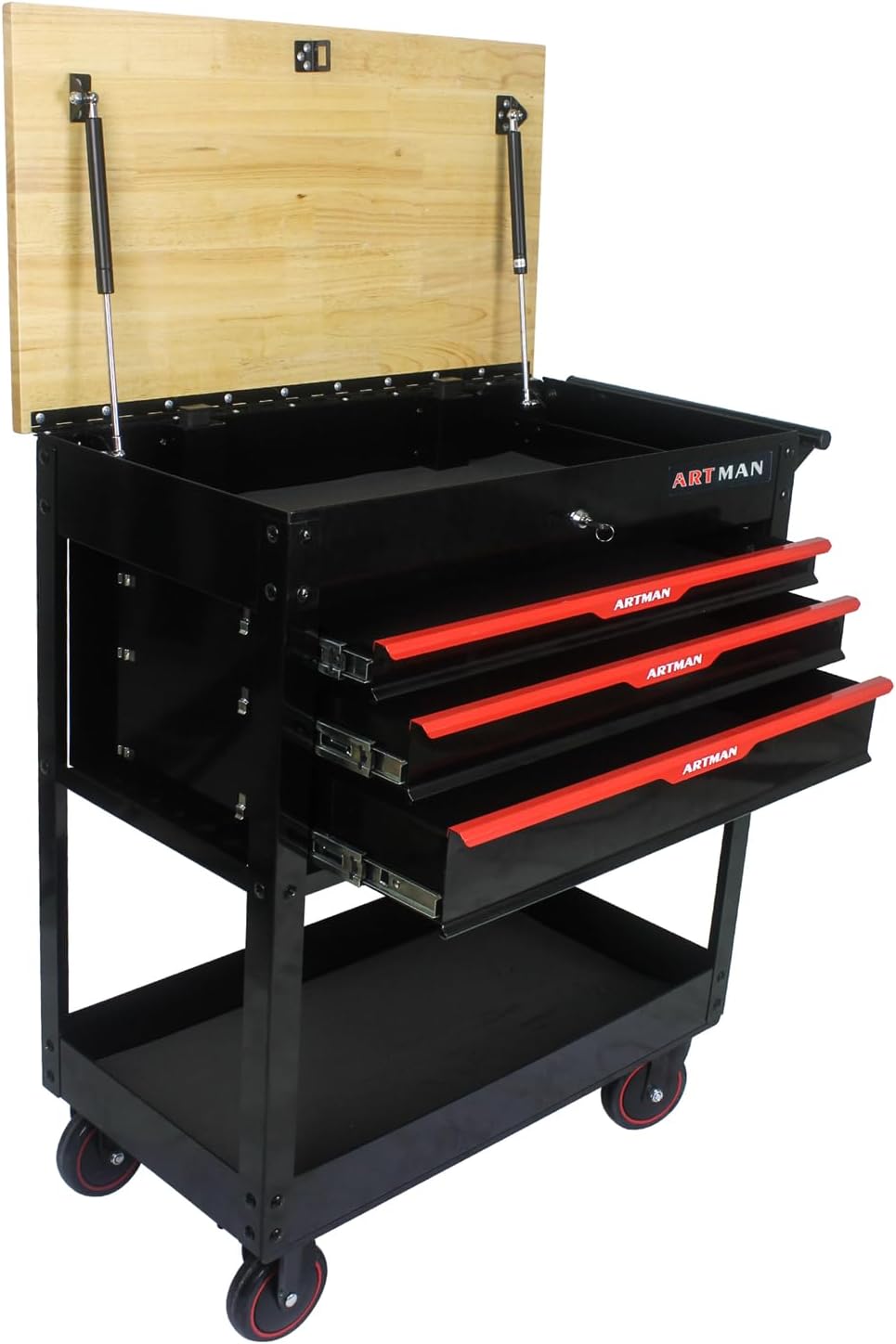 Rolling Tool Cart with 3-Drawer Utility Tool Box with Wheels Wood Top Mechanic Tool Storage Organizer Cabinet for Garage, Warehouse, Workshop, Repair Shop - Red