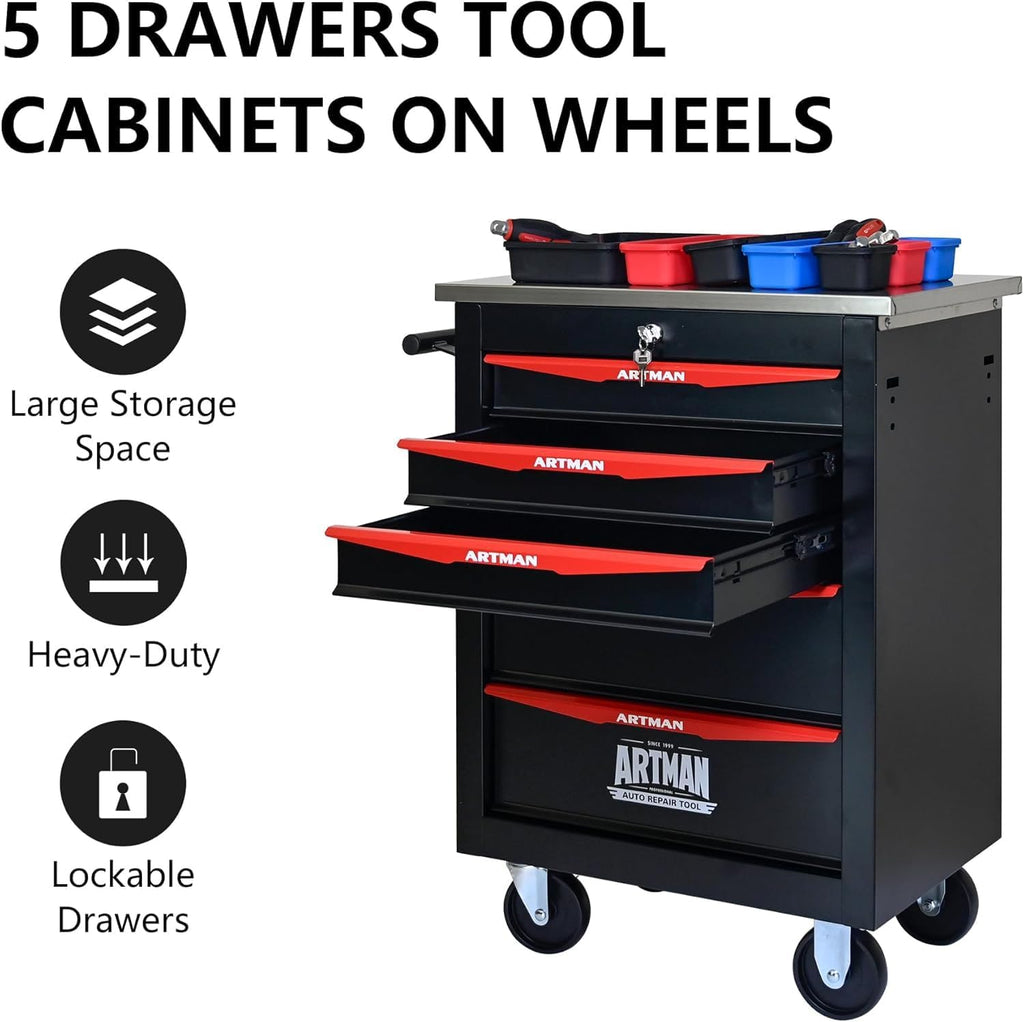 5 Drawers Tool Cart on Wheels, Stainless Steel Countertop Multifunctional Rolling Tool Storage Chest, Drawer Rolling Trolley Organizer Tool Box for Garage,Workshop(5 Drawers-Black)