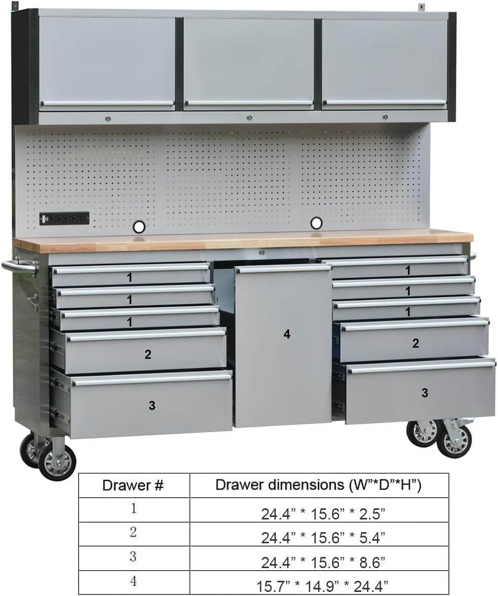 2 Pack - 72' Stainless Steel Rolling Tool Chest with 11 Drawers + 3 Upper Cabinets, Large Lockable Storage Cabinet, Mobile Workbench with Wheels for Garage Workshop (2 × HTC7214W1)