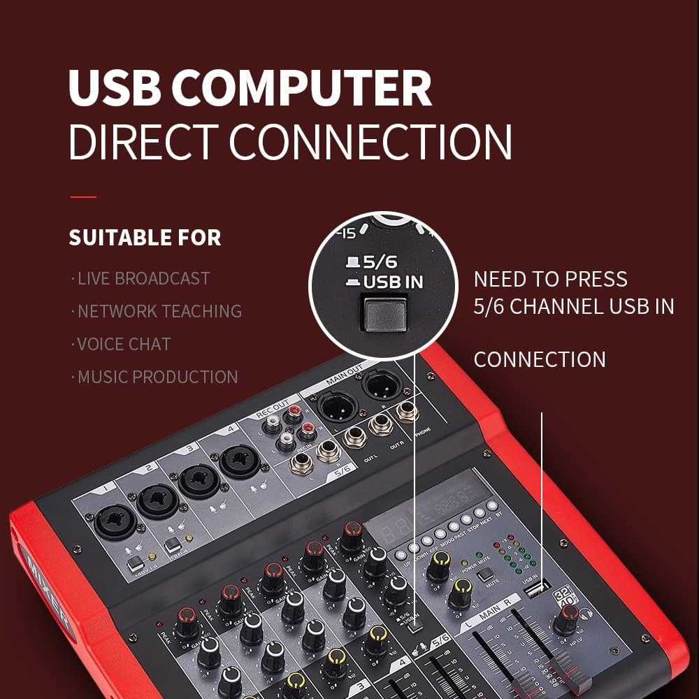EFX6 6 Channels Audio Mixer 4 Mono 1 Stereo Sound Mixing Console 5V 16 DSP Effects USB Computer Play Recording