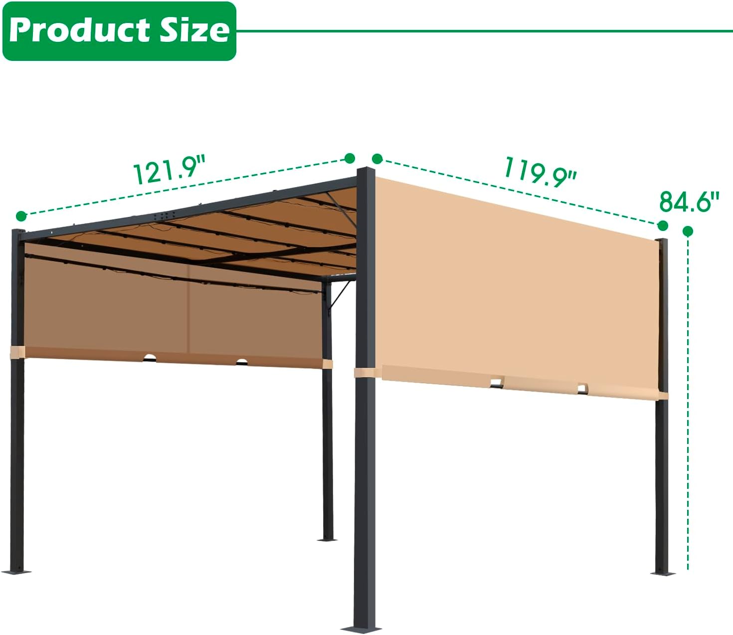 10'x10' FT Heavy-Duty Outdoor Pergola Aluminum Pergola with Retractable Sun Shade Canopy and Solar LED Lights, for Garden, Deck, and Backyard (TAN)