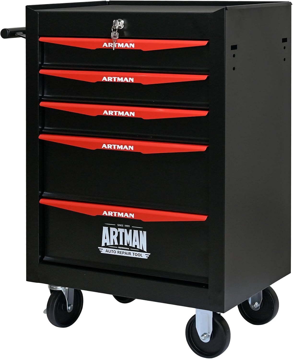 5 Drawers Tool Cart on Wheels, Multifunctional Rolling Tool Chest, Drawers Mobile Trolley Organizer Heavy Duty Tools Box with Locking Wheels & Ball Bearing Drawers (Black, 5 Drawers)