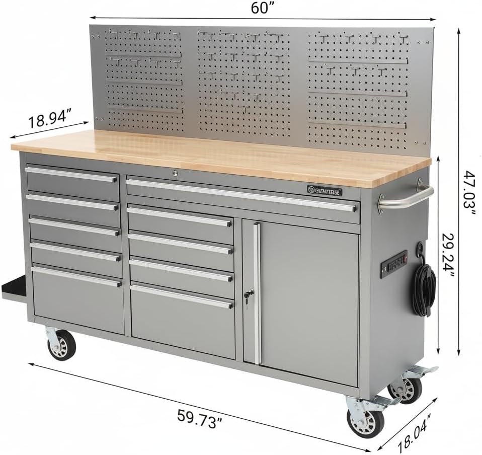 GAOMON 61-inch Rolling Tool Chest, 10 Drawers Garage Workbench Storage Tool Cabinet with Power Strip, Solid Rubber Wood Top, 1675 LBS Load Mobile Workstation, Heavy Duty Rolling Cabinet, Silver