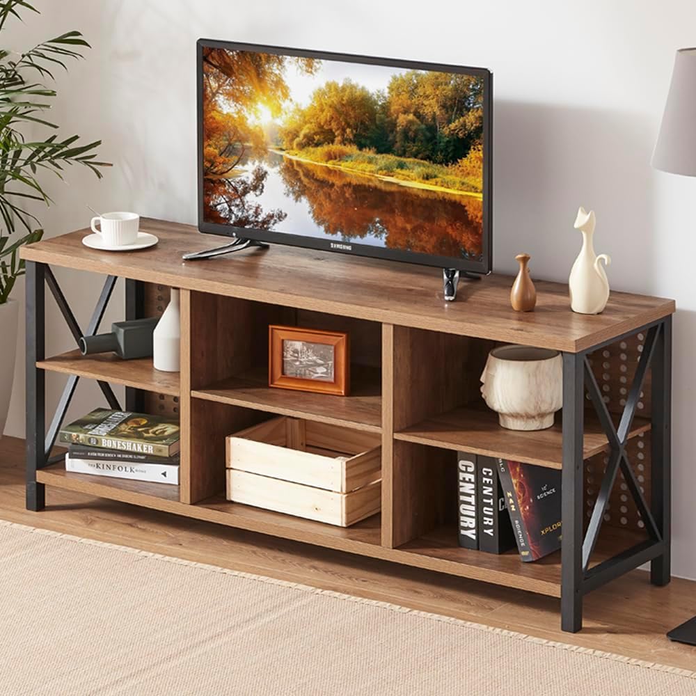 LVB TV Stand for 75 Inch TV, Large Industrial Rustic Entertainment Center with Storage Shelves, Long Modern Wood Metal Television Stand with TV Table Cabinet for Home Living Bedroom, Rustic Oak, 63 In