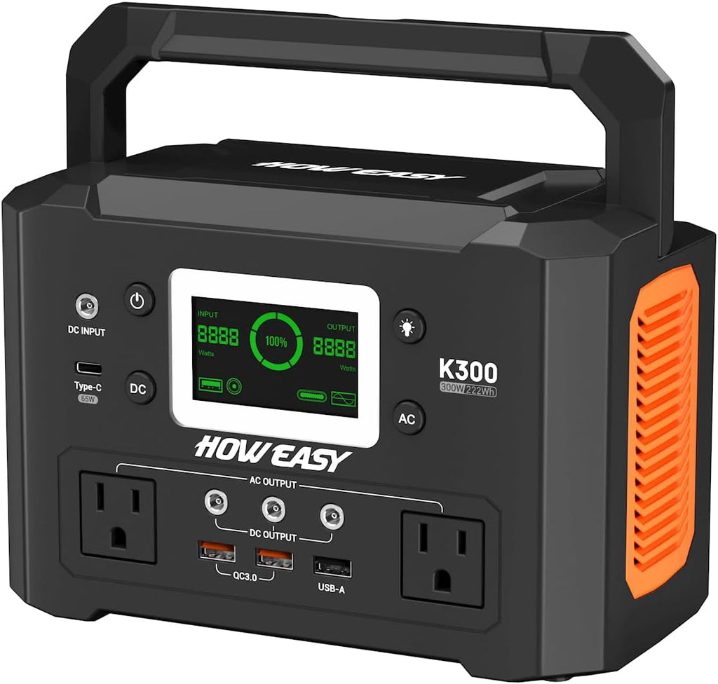 HOWEASY Portable Power Station 300W, 222Wh Solar Generator with 110V Pure Sine Wave AC Outlet & 65W USB-C Fast Charge for Camping, CPAP, Home Emergency, Travel(Solar Panel Not Included)