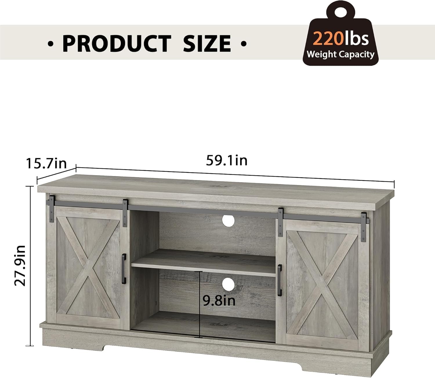 Farmhouse TV Stand for TVs up to 65', Modern Entertainment Center with Sliding Barn Doors & Adjustable Shelves, TV Console for Living Room, Heavy Duty 220lbs Load (Grey)