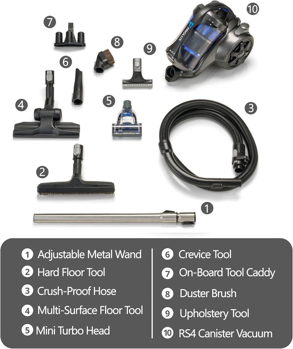 Prolux RS4 Bagless Canister Vacuum, Lightweight with Dual HEPA Filtration, 25 Foot Retractable Cord, Telescopic Wand, Versatile for Wood Floor, Carpet, Home, Office, Apartment, RV, Dorm Room