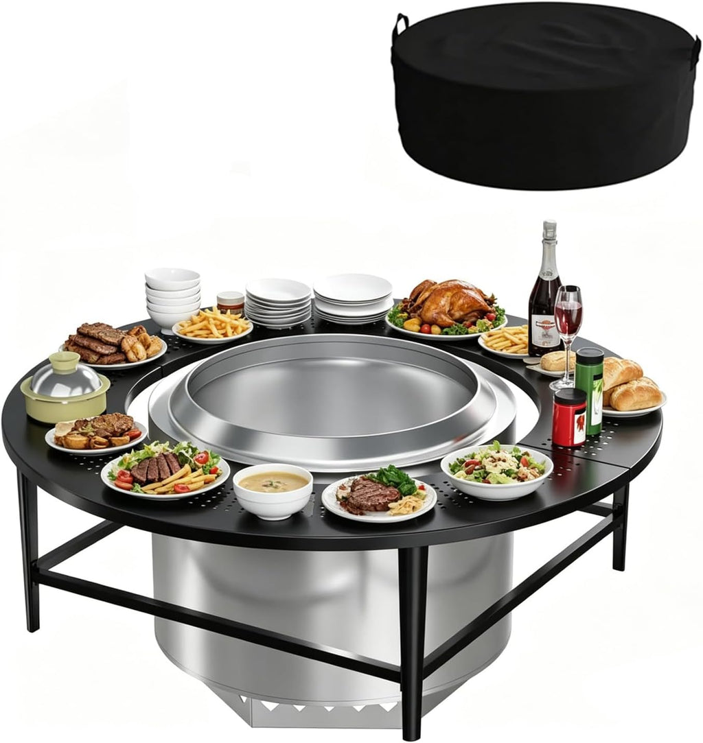 LS'BABQ 40' Fire Pit Surround Tabletop with Waterproof Cover for Solo Stove Bonfire & Ranger, Round Outdoor Fire Pit Table for Most Wood-Burning Stoves Under 22' Dia for Camping, Powder-Coated Steel