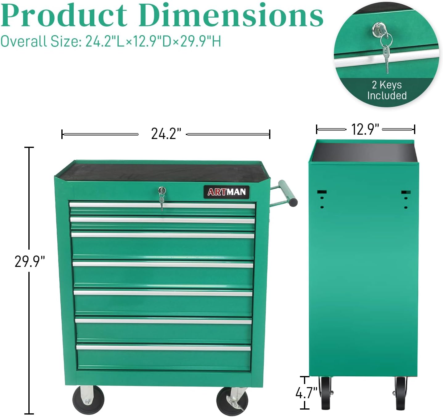 Rolling Tool Chest with 7-Drawer Tool Box with Wheels Multifunctional Tool Cart Mechanic Tool Storage Cabinet for Garage, Warehouse, Workshop, Repair Shop (Green)