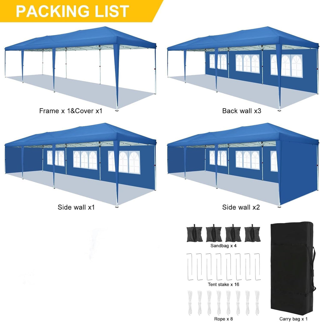 COBIZI 10x30 Pop Up Canopy Tent with 5 Sidewalls Party Tents for Parties Wedding Backyard Waterproof Outdoor Commercial Canopy Event with Sandbags, Blue