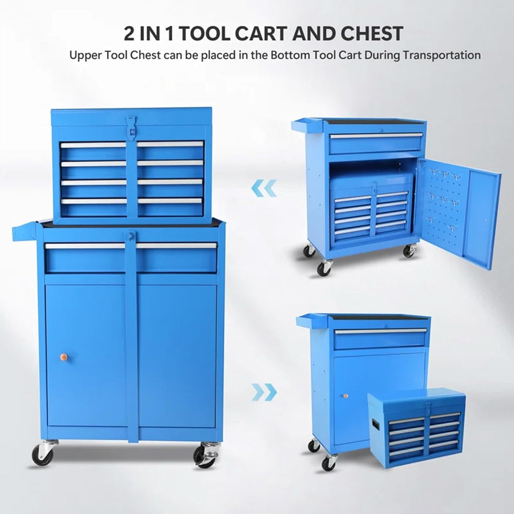Dawmilon 5-Drawer Rolling Tool Chest, Detachable Top Tool Box, Lockable Metal Tool Cabinet with Wheels, Adjustable Shelf and Liner for Garage Workshop Storage, Blue