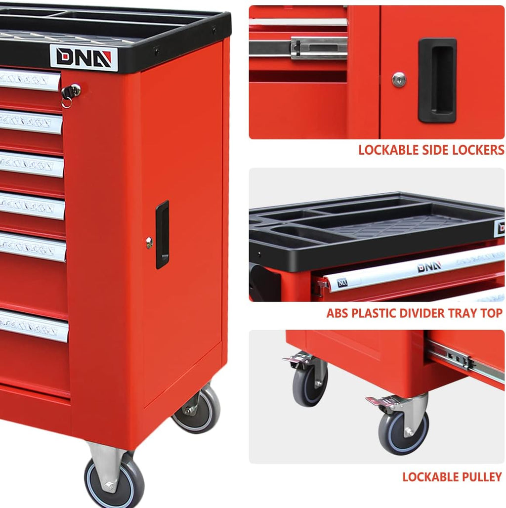 DNA Motoring 6-Drawer Rolling Tools Chest, Rolling Tool Storage Cabinet, Heavy Duty Mechanic Tool Cart, Trolley Organizer for Garage, Warehouse, Workshop, w/Keys, Red, Upgrade Package, TOOLS-10002