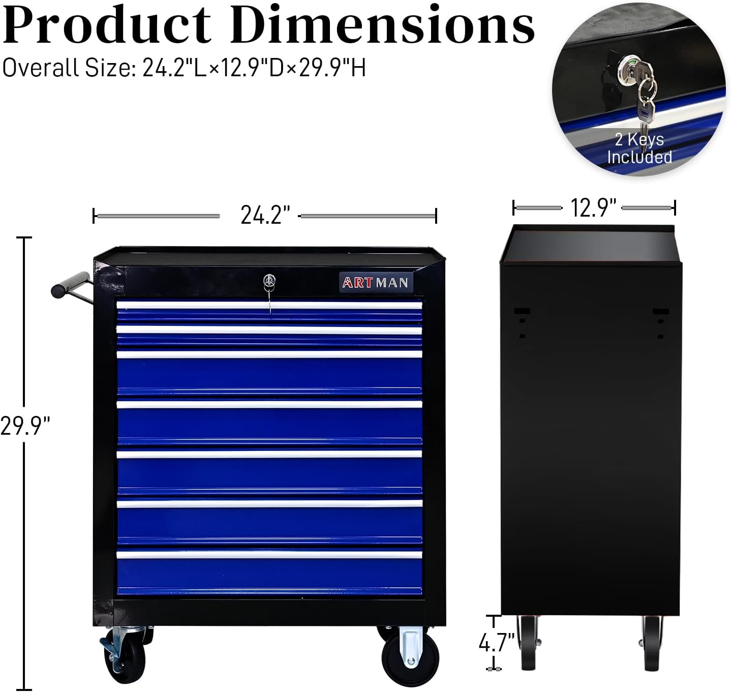 Rolling Tool Chest with 7-Drawer Tool Box with Wheels Multifunctional Tool Cart Mechanic Tool Storage Cabinet for Garage, Warehouse, Workshop, Repair Shop (Black & Blue)