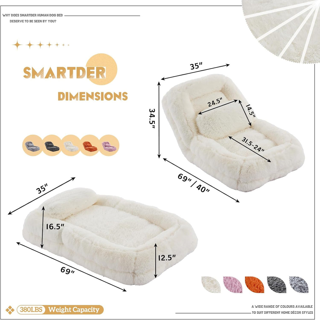 Adjustable Plush Human Dog Bed Lounger for Adult, 5-Position Foldable Lazy Lounge Sofa, Large Size Bean Bag Chair with Pillow, Folding Floor Chair for Living Room, Bedroom, Gaming Room, Beige
