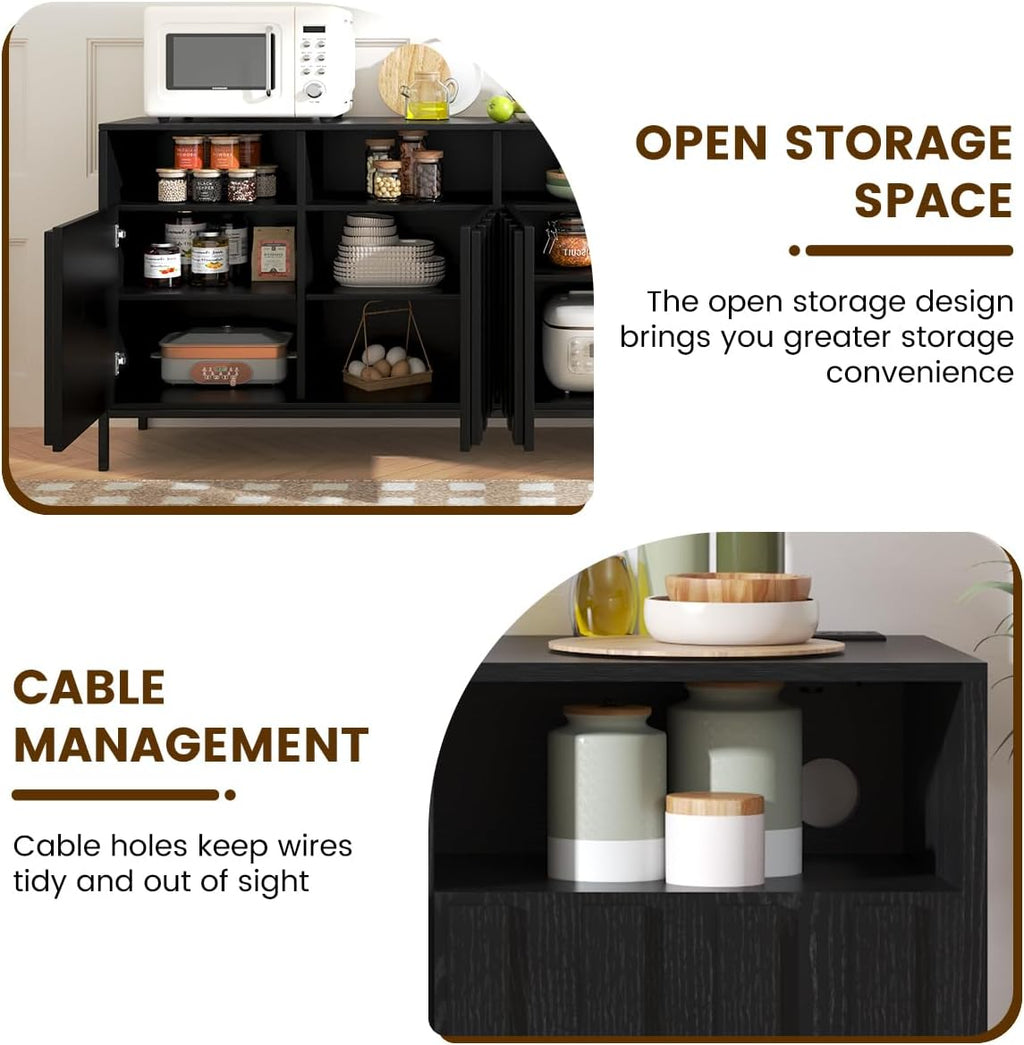 COCO DESIGN 70' Fluted TV Stand with Power Outlet for TVs up to 80', Modern Entertainment Center with Adjustable Shelves, Media Console Table with Storage for Living Room, Black