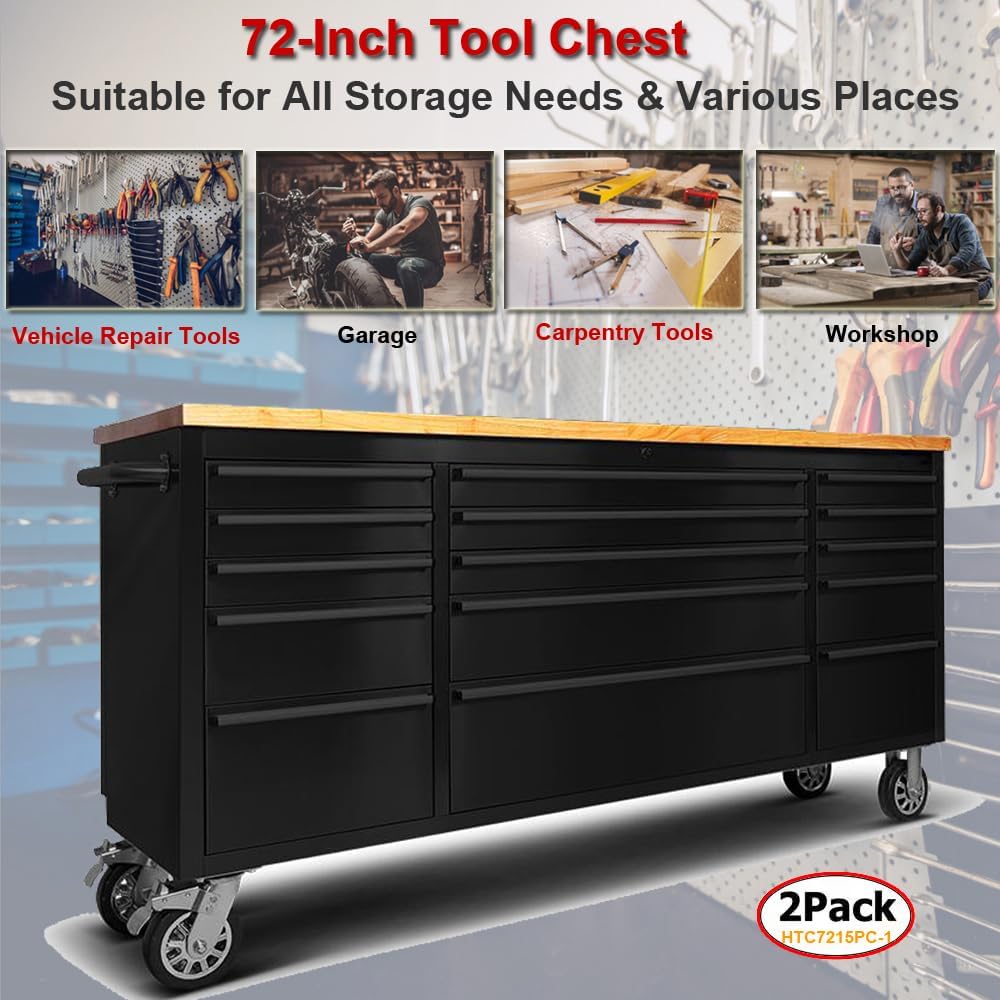 2 Pack - 72' Stainless Steel Rolling Tool Chest with 15 Drawers, Lockable Storage Cabinet, Black Mobile Workbench, Assembled Black Large Tool Box with Wheels for Garage Workshop (2 × HTC7215PC-1)