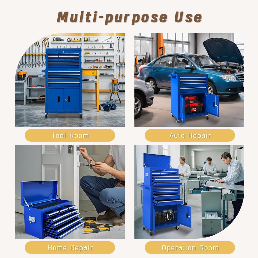 13-Drawer Double Doors Handle Rolling Tool Chest, 2 in 1 Detachable Rolling Tool Chests, Large Tool Boxes with Lock, Metal Standing Tool Cabinet for Garage Workshop(Blue)