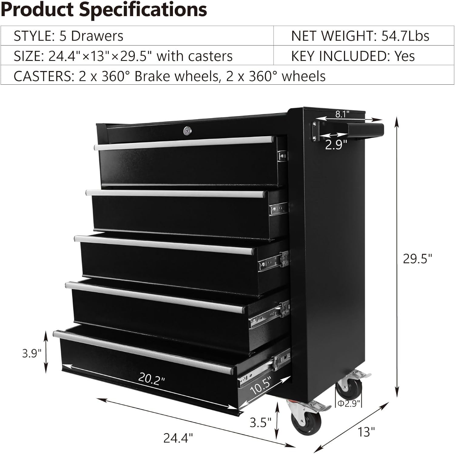 5 Drawer Tool Cart Rolling Tool Chest on Wheels Drawers Rolling Tool Box Top Cushion Drawer Liners Organizer with Locking System for Garage Workshop Warehouse Repair Shop Black