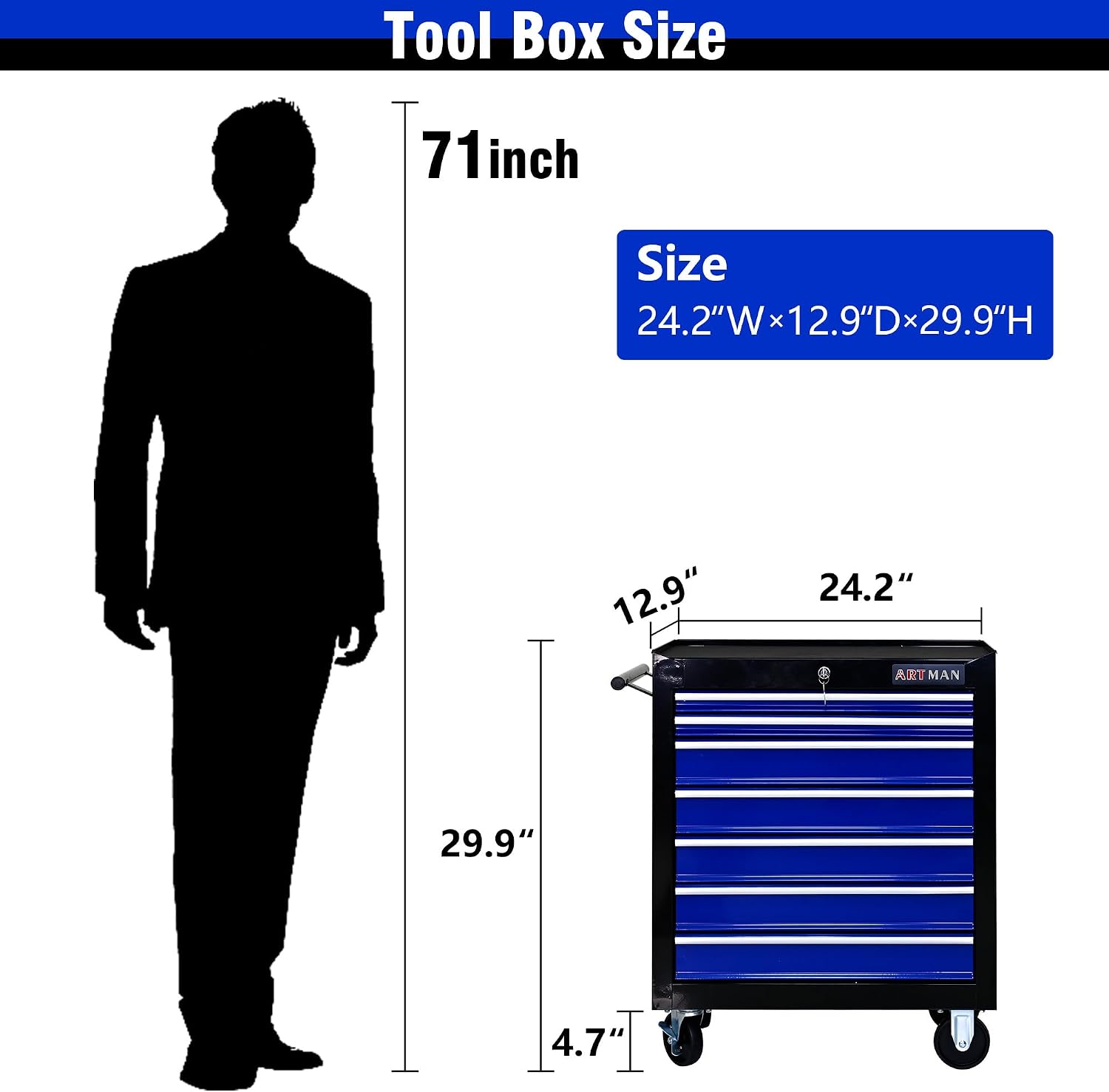 7 Drawers Tool Cart on Wheels, 7 Drawer Rolling Tool Chest with Key Lock, Trolley Organizer Tool Case, Multifunctional Rolling Tool Box for Garage,Warehouse,Workshop,Repair Shop (Black+Blue)