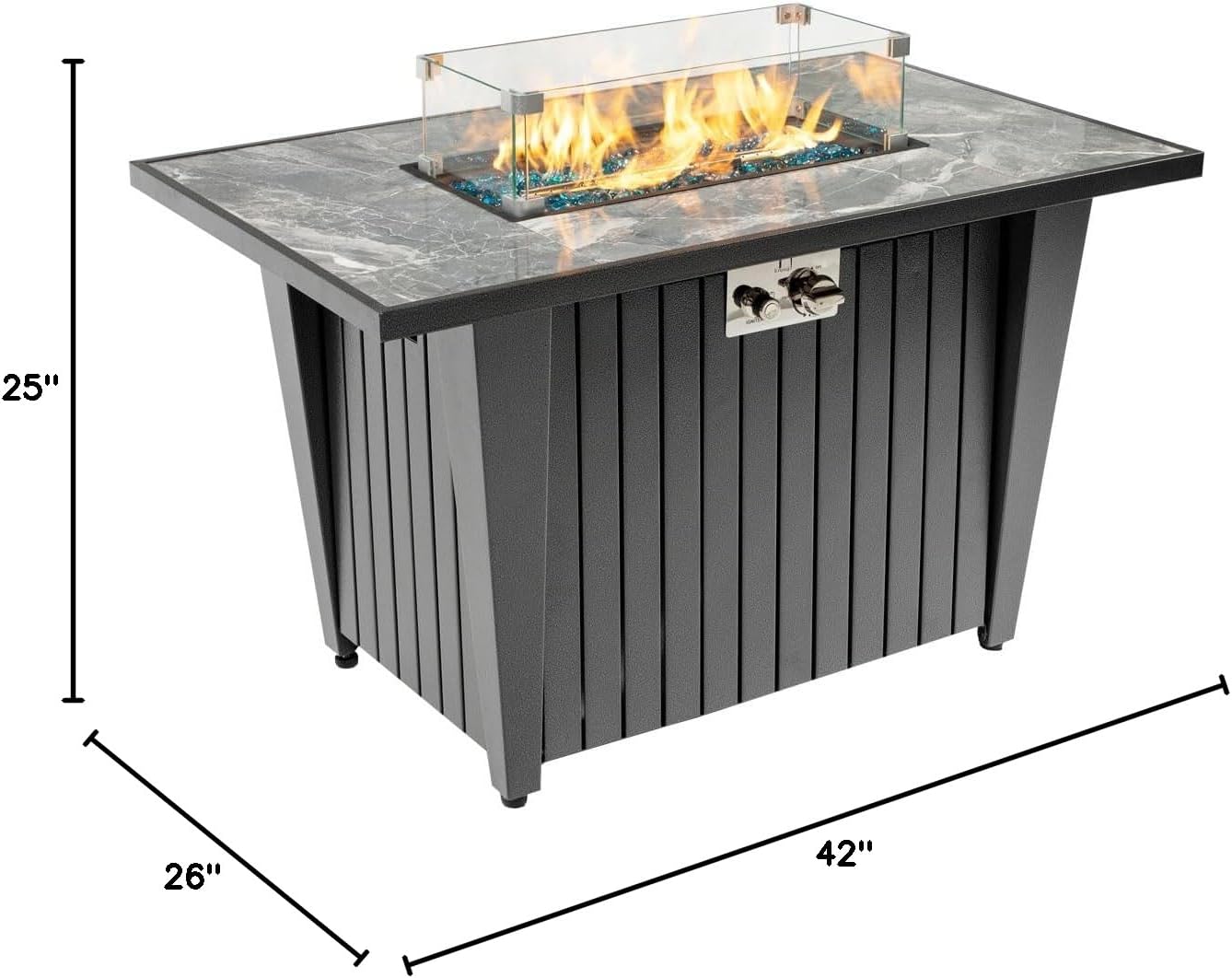 42'' Propane Fire Pit Table, Marble Tile Ceramic Tabletop with Glass Wind Guard, 50,000 BTU Fire Table, Inclined Leg and Art Powder Design, Blue Glass Rocks, Including Lid&Cover