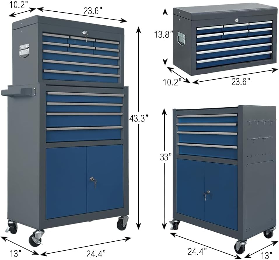 13 Drawers Tool Chest with Wheels, Rolling Tool Box with Drawers, Metal Tool Cabinet for Garage, Workshop(Blue-Gray)