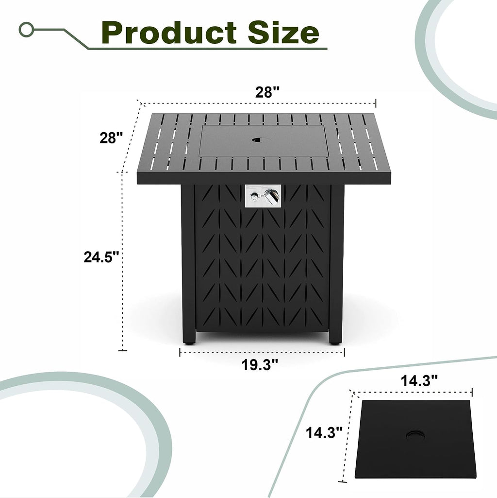 Dineli 28-Inch Square Propane Fire Pit Firepits for Outside Patio Fire Pit Table, Gas Fire Pits with Adjustable Feet, Tabletop Fire Pits for Backyard Deck Balcony, 50,000 BTU, Leaf Pattern - Black