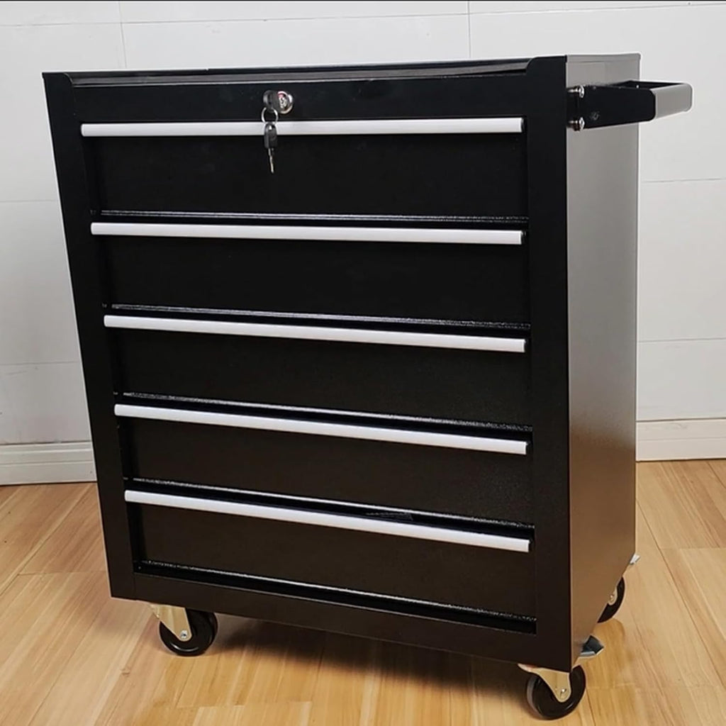 5 Drawer Tool Cart Rolling Tool Chest on Wheels Drawers Rolling Tool Box Top Cushion Drawer Liners Organizer with Locking System for Garage Workshop Warehouse Repair Shop Black