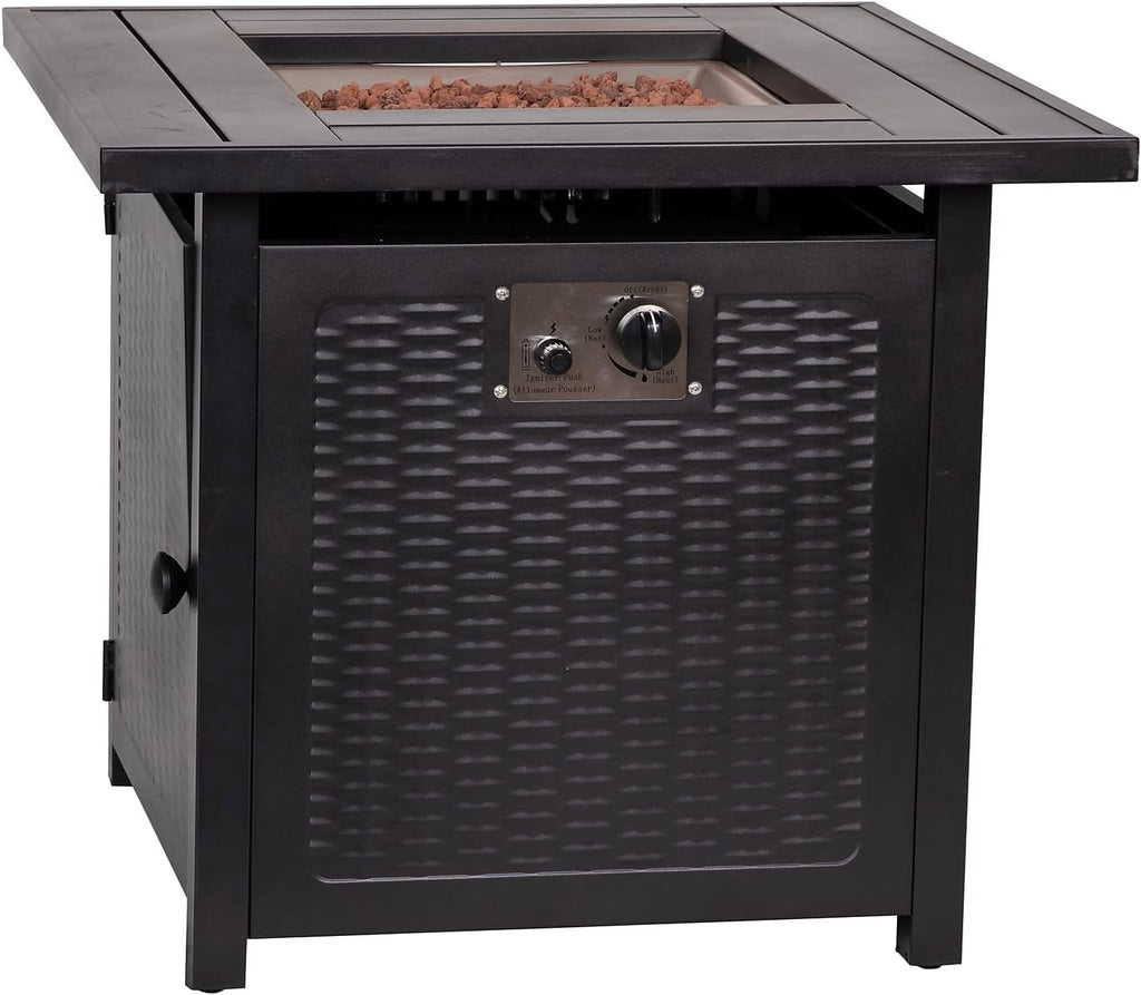 Flash Furniture Olympia 50,000 BTU Outdoor Propane Gas Fire Pit Table - Black Stainless Steel Tabletop and Steel Wicker Detail Base - 28' Square - Included Lava Rocks