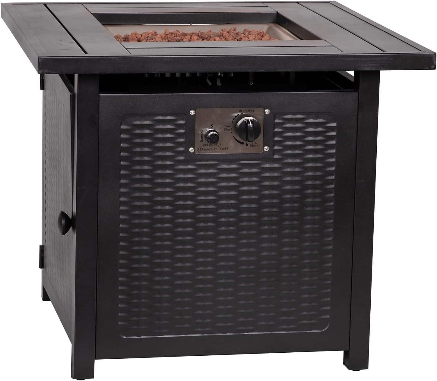 Flash Furniture Olympia 50,000 BTU Outdoor Propane Gas Fire Pit Table - Black Stainless Steel Tabletop and Steel Wicker Detail Base - 28' Square - Included Lava Rocks