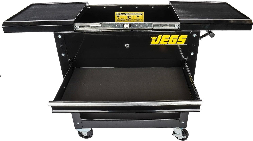 JEGS Heavy-Duty Tool Box Cart | 220 LBS Capacity | Uses Four 4' Caster Wheels | Includes 2 Keyes and 6 Drawer Liners | Black with JEGS Logo | 2 Locking Drawers | Sliding Top