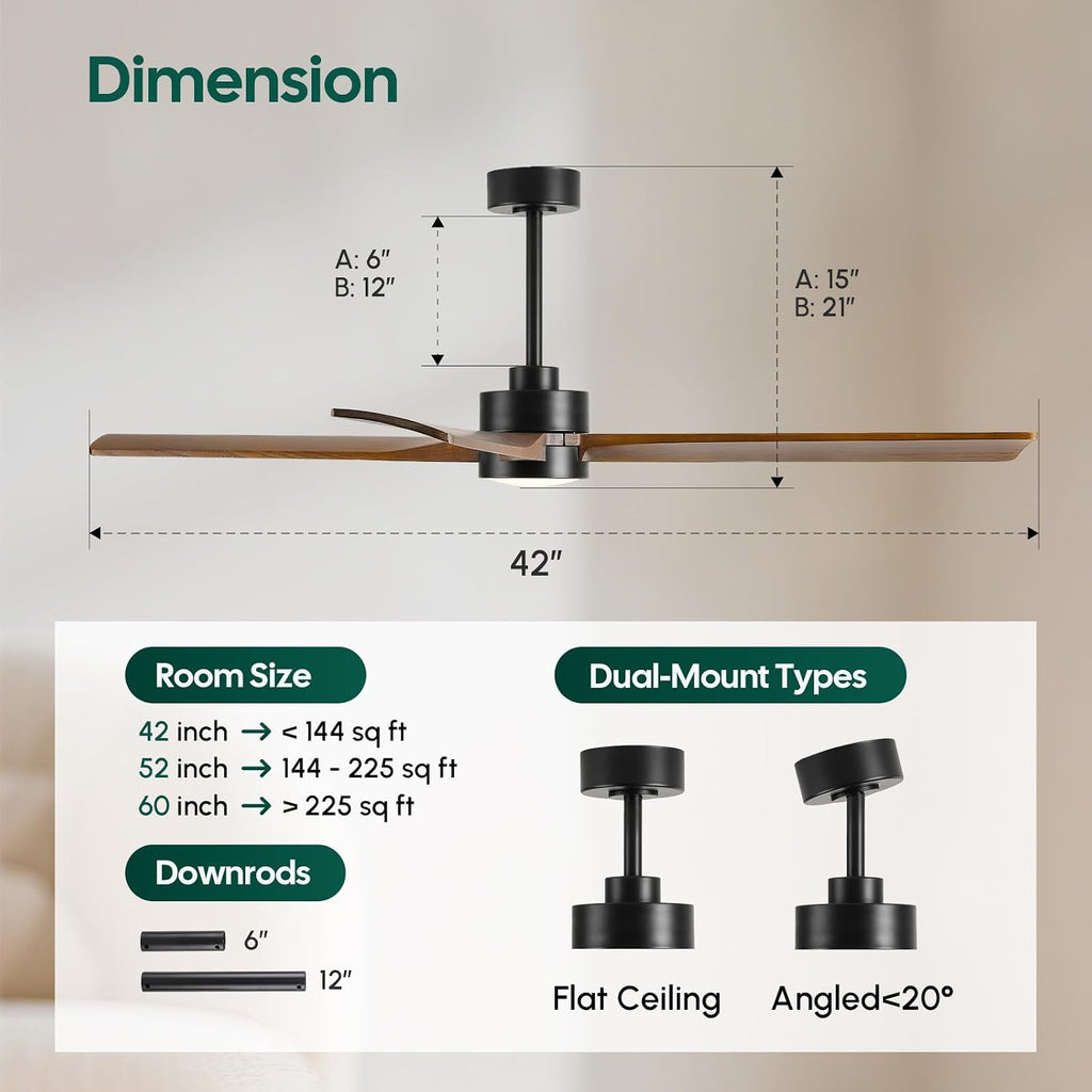 42 Inch Smart Outdoor Ceiling Fan with Light, Alexa/App/Remote Control, Damp Rated for Patio Porch, Brown Solid Wood Blades, Quiet Reversible DC Motor, Rustic Farmhouse Style for Indoor Bedroom