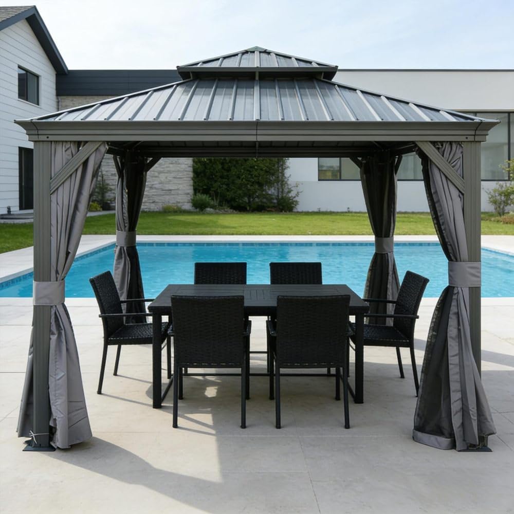 13x13FT Outdoor Hardtop Gazebo, Galvanized Steel Double Roof Gazebo with Drainage System, Includes Privacy Curtains & Netting, Water & Wind Resistant Metal Pergola for Patio, Deck, Backyard, Gray