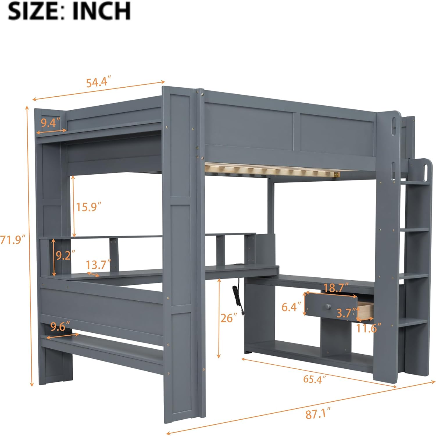SOFTSEA Full Size Gaming Loft Bed with Desk, Wood Loft Bed with USB Ports, LED Lights, Gaming Lofts Bed with Multi-Storage Shelves & Under-Bed Space for Adults Kids Teens, No Noise, Gray