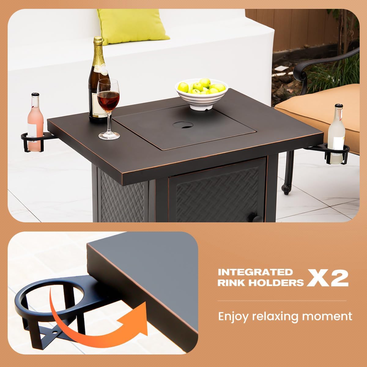 Verdeluxe 32'' Propane Fire Pit,50000 BTU Gas Firepit Table with 2 Drink Holders, Lid & Lava Rock,Outdoor Fire Pit Table for Dining or Party,Propane Firepits for Outside,Patio,Yard