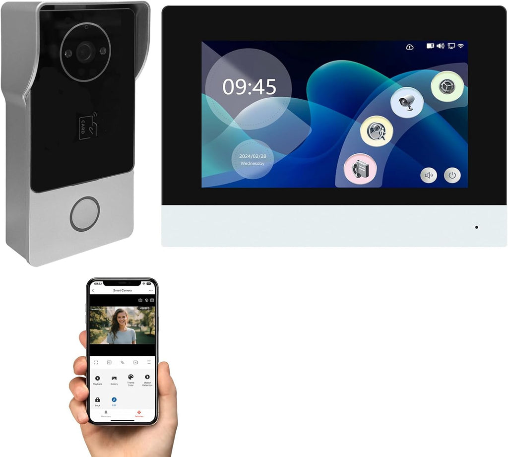 Smart Video Doorbell Intercom System with 7' Touch Screen Monitor, 2MP HD Camera with Night Vision, Two-Way Audio, RFID IC Card Access, Wi-Fi Tuya App Remote Unlock for Home Security