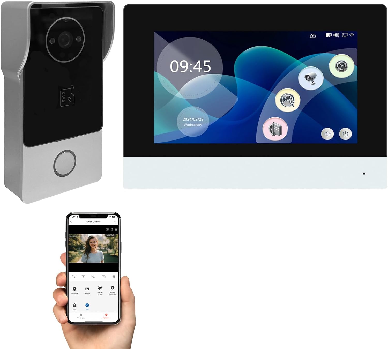 Smart Video Doorbell Intercom System with 7' Touch Screen Monitor, 2MP HD Camera with Night Vision, Two-Way Audio, RFID IC Card Access, Wi-Fi Tuya App Remote Unlock for Home Security