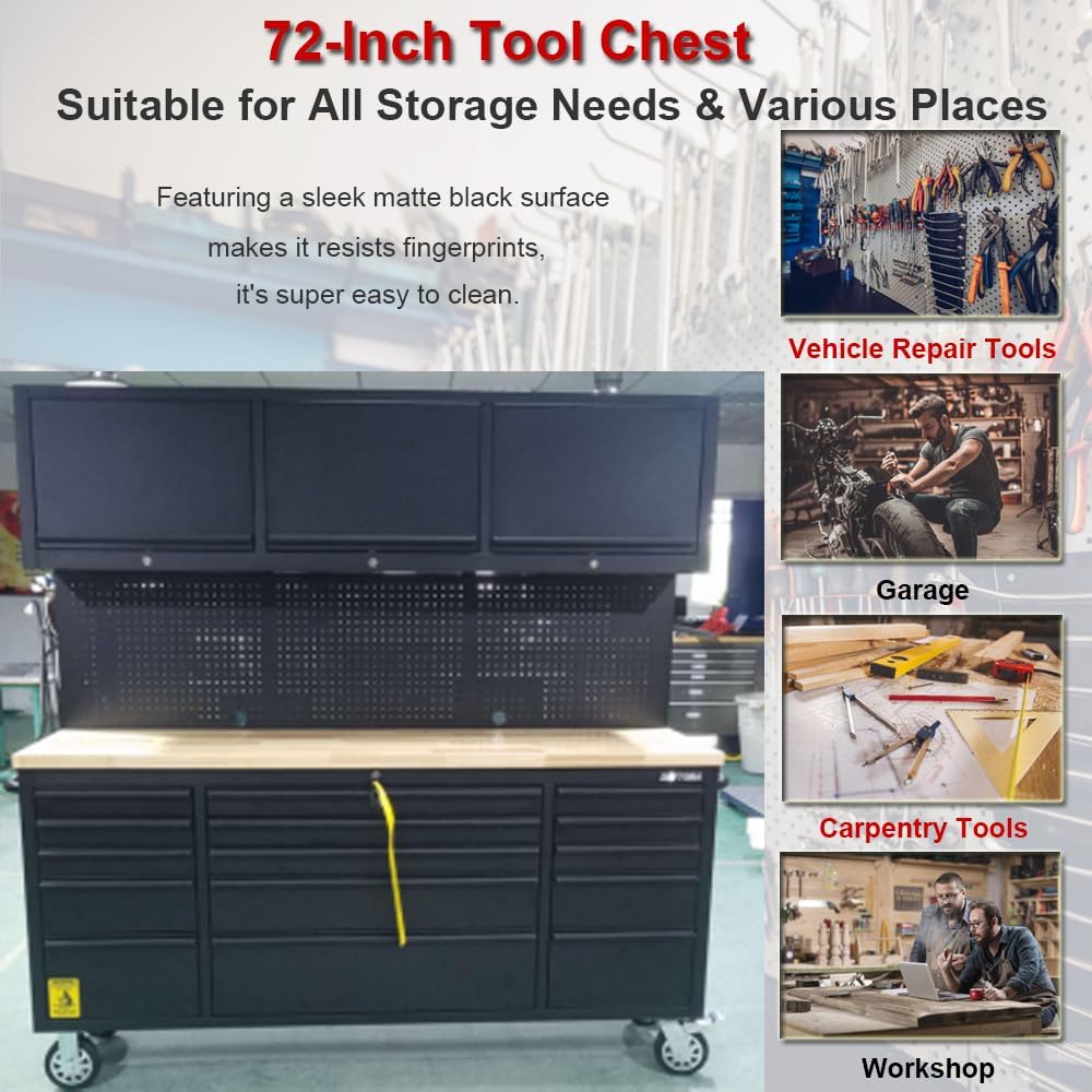 72'' Rolling Tool Chest with 15 Drawers + 3 Upper Cabinets, Large Tool Box, Matte Black Mobile Workbench, Lockable Storage Cabinet with Wheels for Garage Workshop (1 × HTC7218PC)