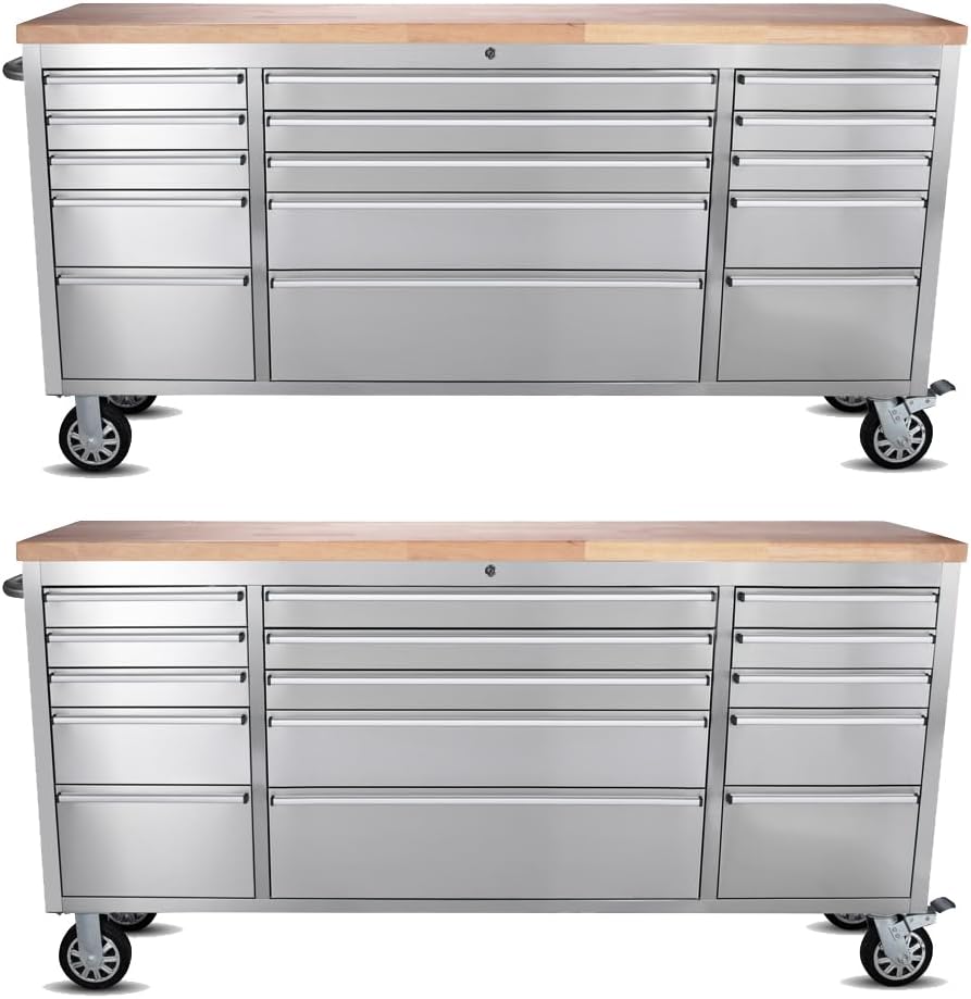 2 Pack - 72' Stainless Steel Rolling Tool Chest with 15 Drawers, Lockable Storage Cabinet, Mobile Workbench, Assembled Large Tool Box with Wheels for Garage Workshop (2 × HTC7215W1)