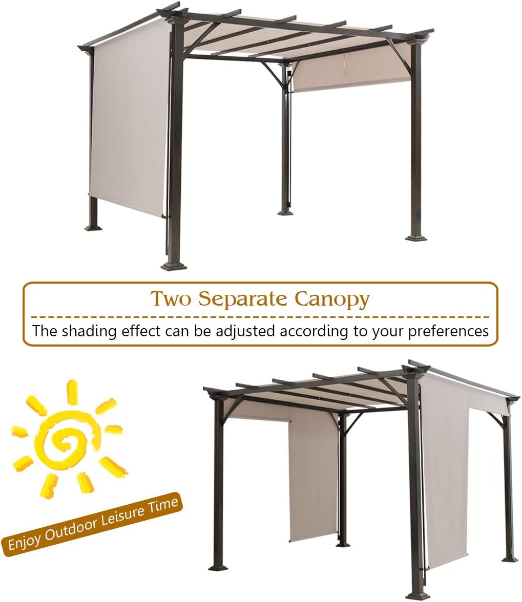 Tangkula 10x10FT Outdoor Patio Shade Structure, Steel Pergola with Retractable Canopy Shades, Rustproof Metal for Patio, Backyard, Garden (Beige)