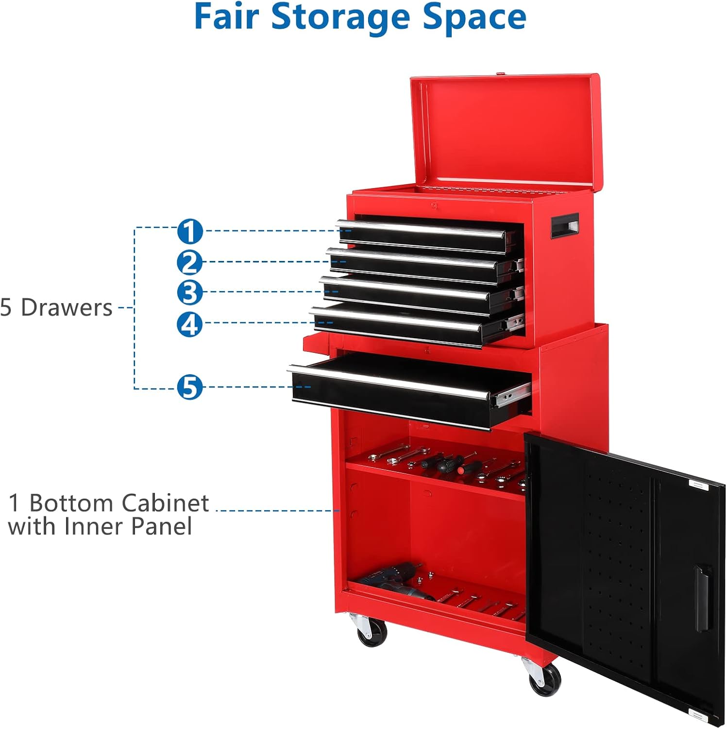 TUFFIOM 5-Drawer Rolling Tool Chest, Tool Storage Cabinet w/Drawers, Lockable Wheels, Detachable Top & Adjustable Shelf, Mechanic Tool Organizer Box for Garage, Workshop, Warehouse & Repair Shop