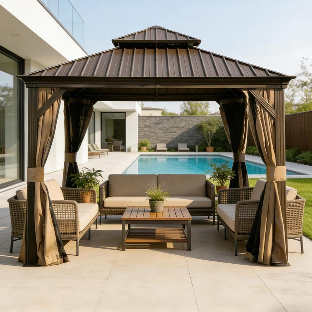 13x13FT Outdoor Gazebo Hardtop, Galvanized Steel Double Roof Metal Gazebo with Drainage System, Includes Privacy Curtains & Netting, Patio Pergola for Backyard Deck Garden, Brown